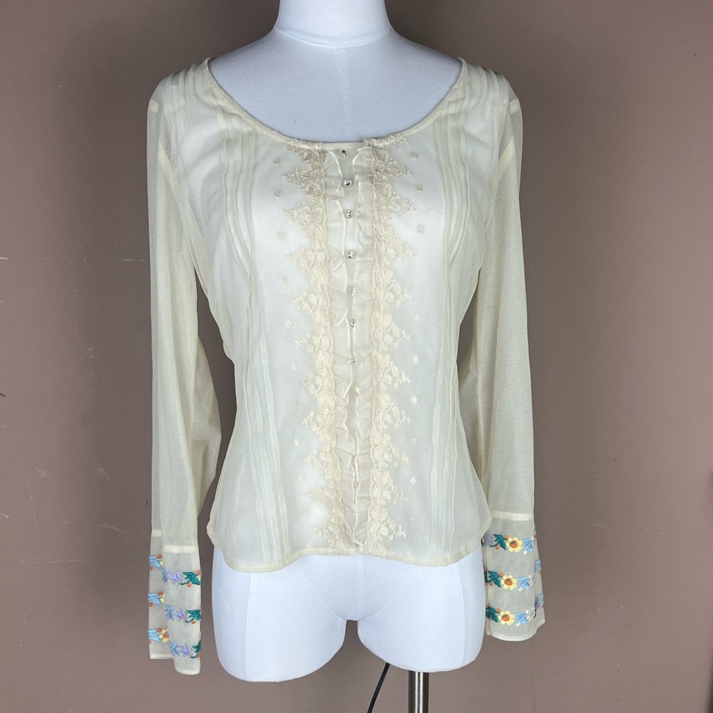 JJill Sz S Cream Mesh Button Up Top Boho Hippie Beach Colorful Floral Embroidery